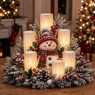Snowman Christmas Lighted Centerpiece with warm flameless candle glow