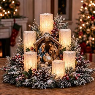 Nativity Christmas Lighted Centerpiece with candle-style glow
